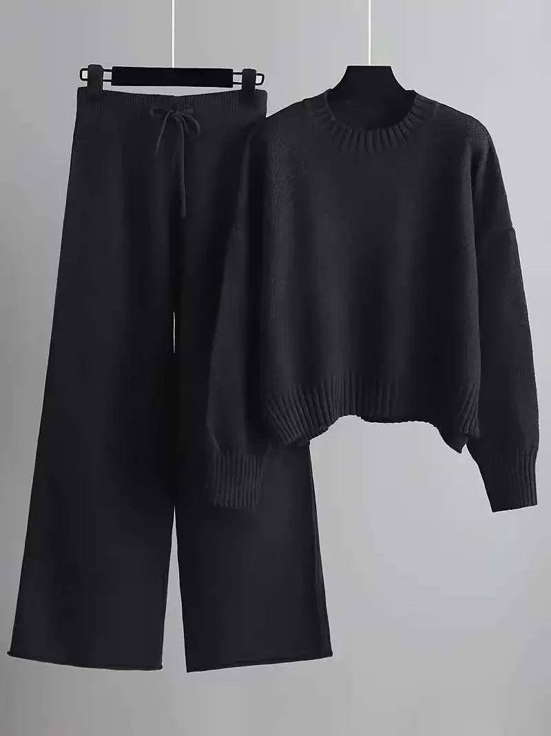 Black knitted round-neck jumper and wide-leg trouser set with drawstring waist