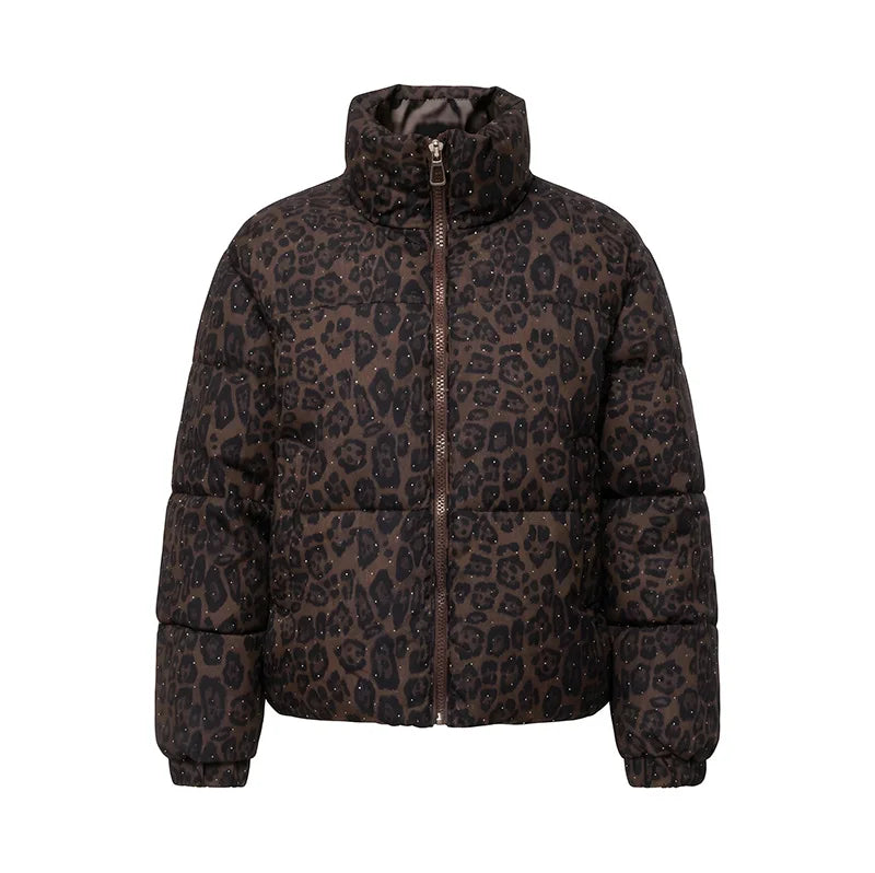 Leopard print hooded puffer jacket with full front zipper and high collar