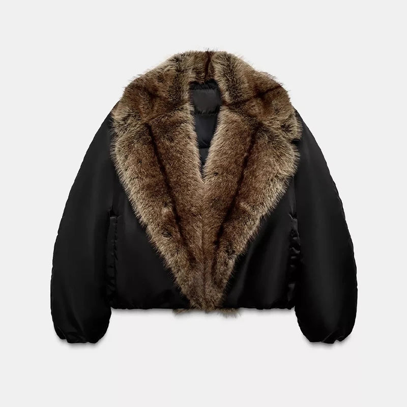 Black faux-fur cropped coat with wide brown fur collar and puff sleeves