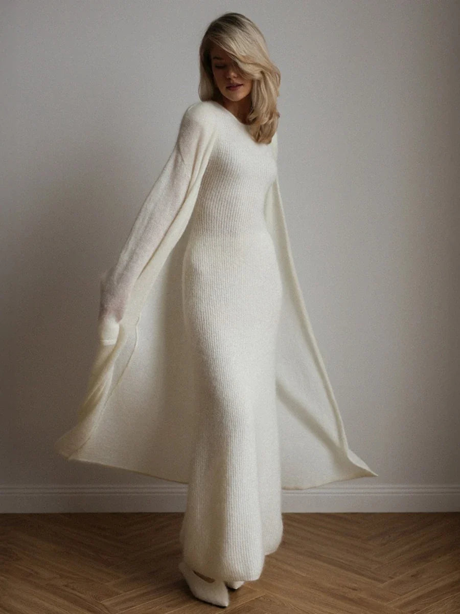 Ivory knit maxi dress with long open cardigan, relaxed drape sleeves