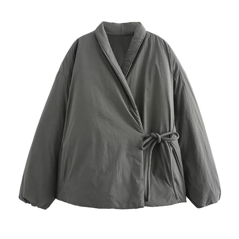 Gray padded wrap jacket with kimono-style collar and waist tie