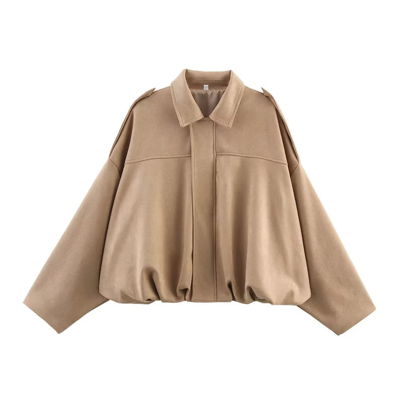 Camel oversized suede bomber jacket with wide collar and front zipper