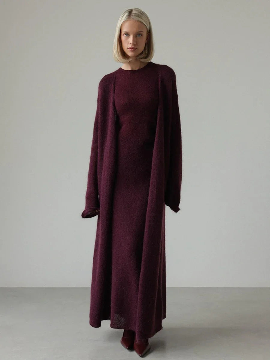 Burgundy knit maxi dress with long sleeves, crew neckline