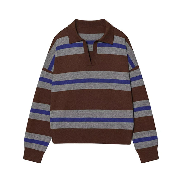Margot Striped Polo Neck Knit Pullover