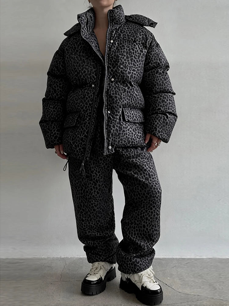Dark leopard-print padded coat and matching pants set, hooded zip jacket