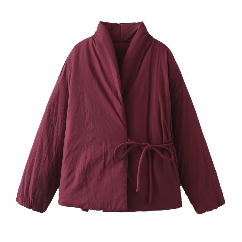 Burgundy padded wrap jacket with kimono-style collar and waist tie