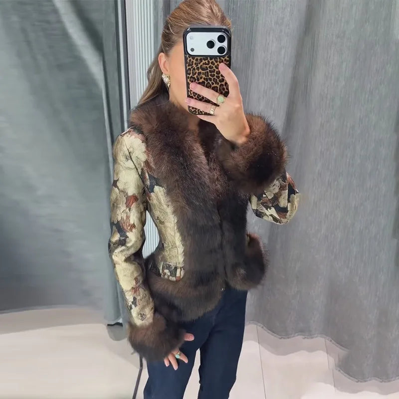 Brown faux-fur jacket with ruffled floral-pattern sleeves, open front