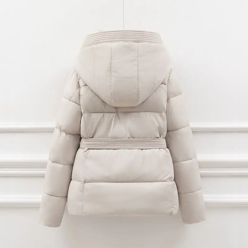 Creamy-white hooded cotton-padded parka, back view with gathered waist belt