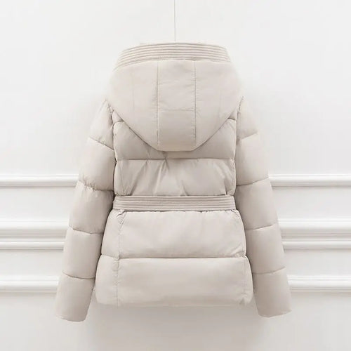 Creamy-white hooded cotton-padded parka, back view with gathered waist belt
