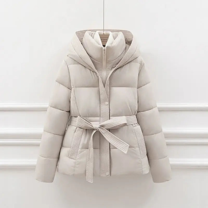 Creamy-white belted hooded cotton-padded parka with front zipper and tie belt