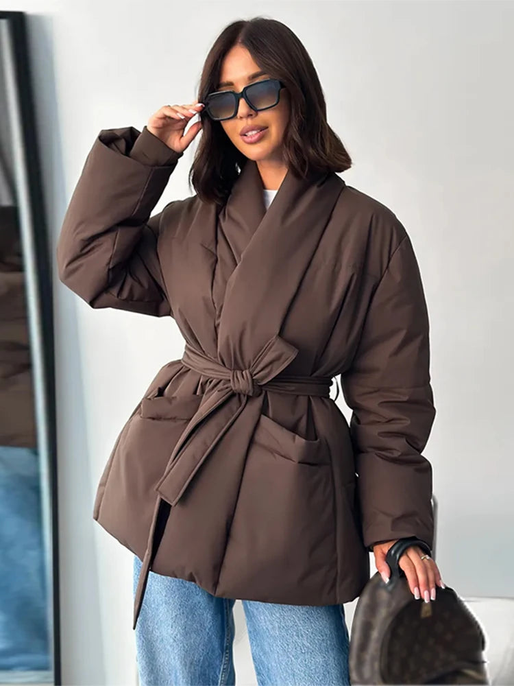 Chocolate brown cotton V-neck belted puffer coat with long sleeves