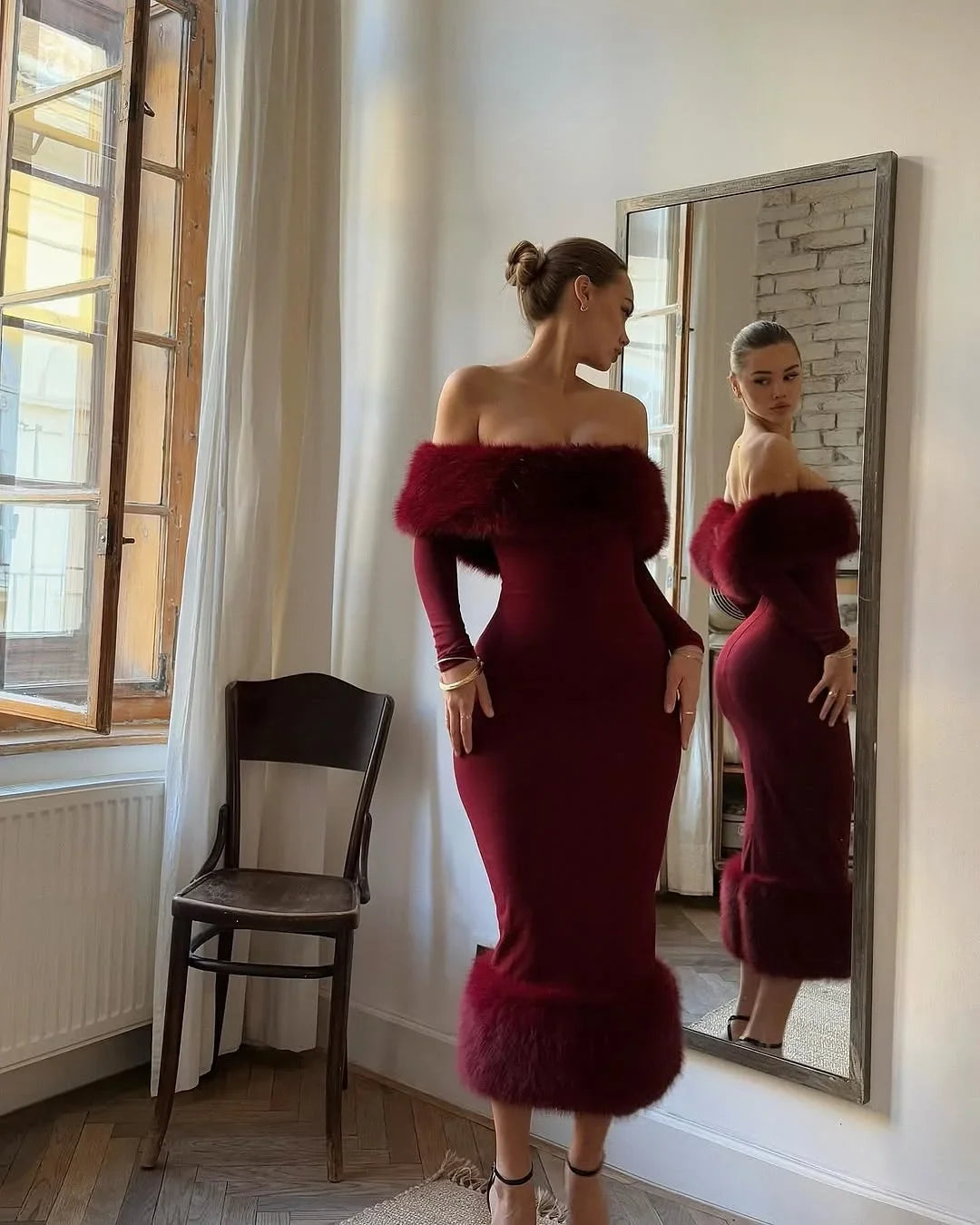 Off-shoulder faux fur patchwork bodycon dress, burgundy long sleeves, fitted midi