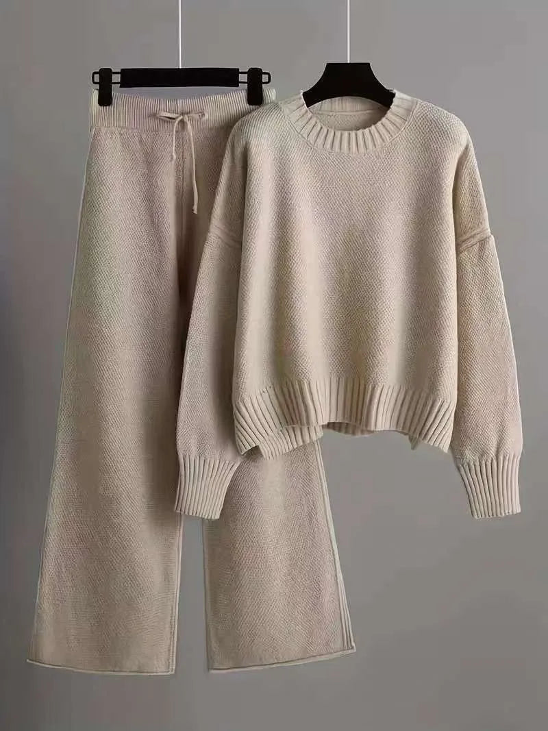 Beige knitted round-neck jumper and wide-leg trouser set with drawstring waist