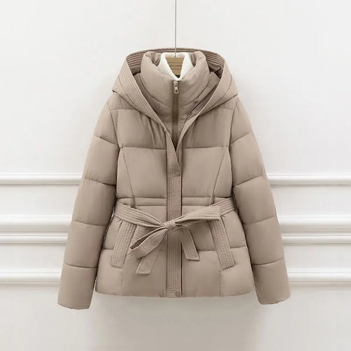 Beige belted hooded cotton-padded parka with front zipper and tied waist belt