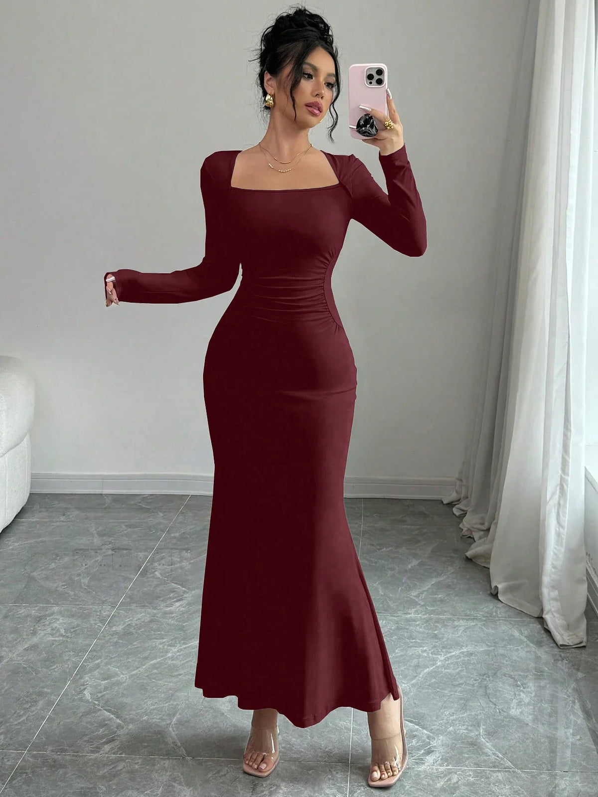 Burgundy fitted long-sleeve dress with square neckline and mermaid hem