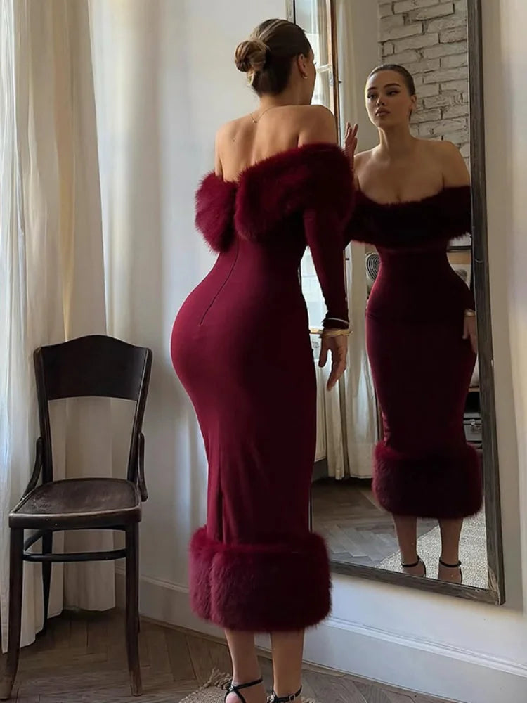Off-shoulder bodycon dress with faux fur trim and long sleeves, burgundy color