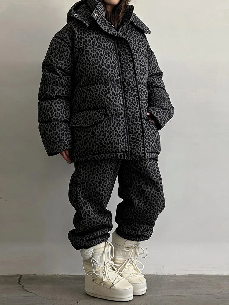 Leopard-print padded coat with hood and front zipper, dark tones, matching pants