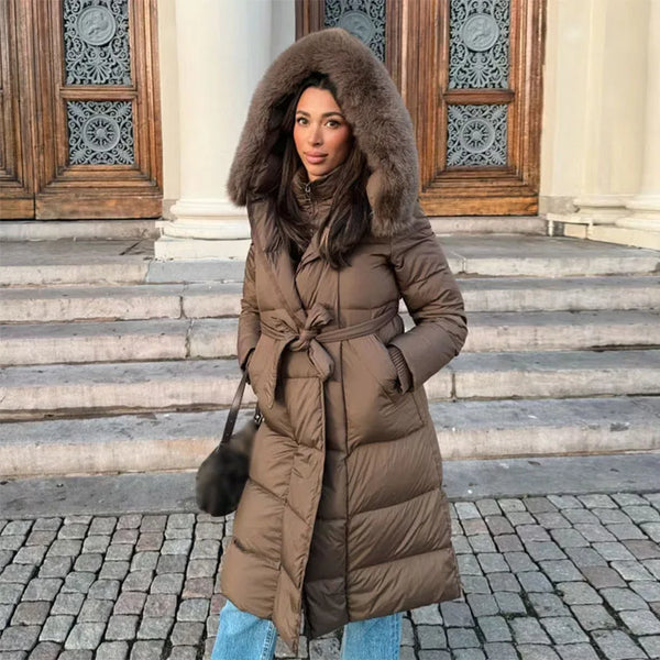 Colette Fur-Collar Cinched-Waist Hooded Long Coat