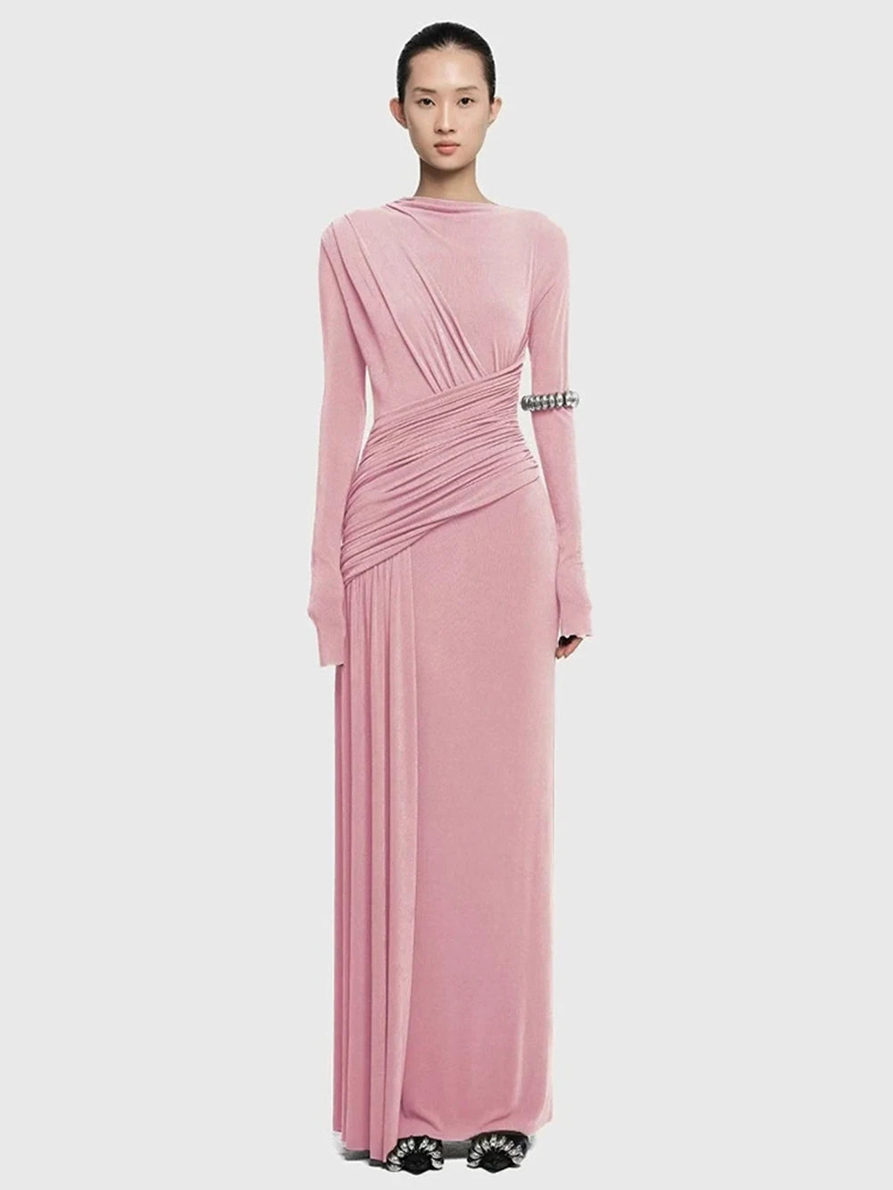 Pink diagonal-collar pleated slim maxi dress with ruched crossover bodice and long sleeves