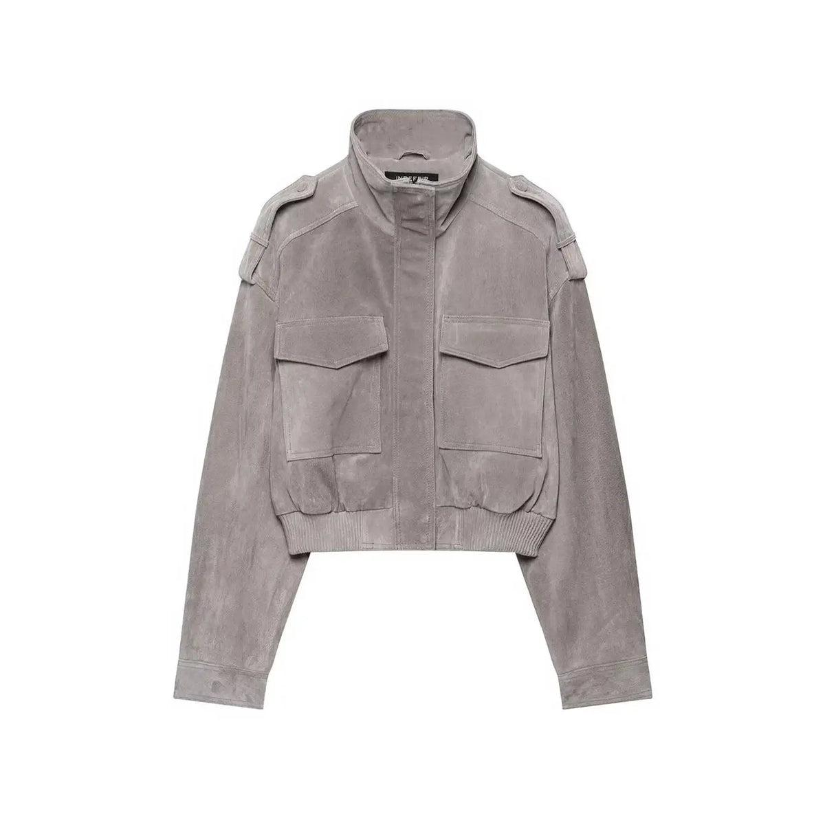 Grey faux suede short zip jacket with stand collar and chest pockets