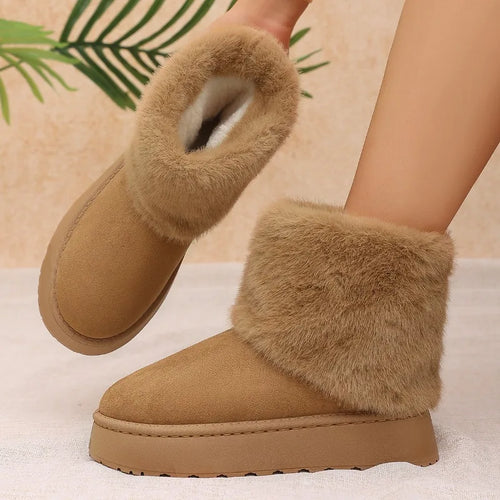 Brown suede mid-calf platform boot with faux-fur cuff and chunky sole