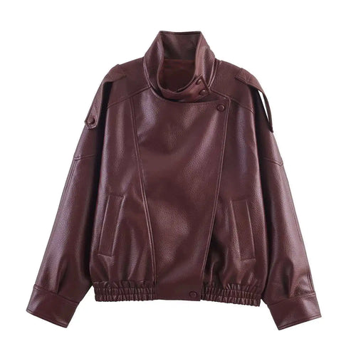 Burgundy oversized leather button-up jacket with stand collar, snap front, and ribbed hem
