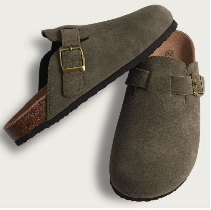 Suede buckle clog in dark olive green with metal buckle and cushioned footbed.