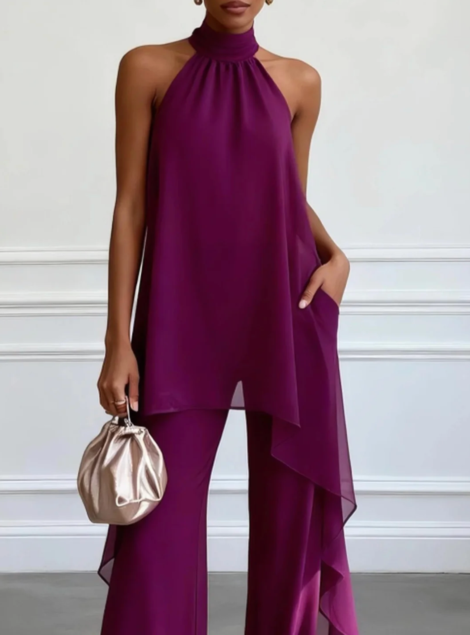 Purple halter co-ord set with layered drape tunic top and wide-leg trousers