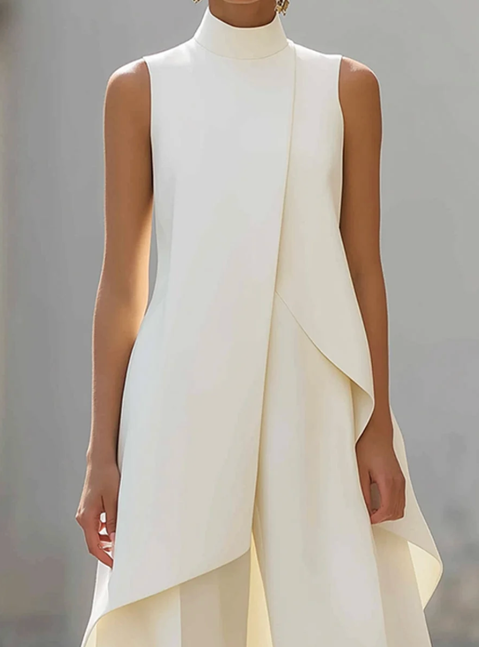 Off-white high-neck wide-leg co-ord set with sleeveless draped top and matching wide trousers.