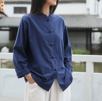 Linen mandarin-collar blouse in dark blue, button front with long sleeves