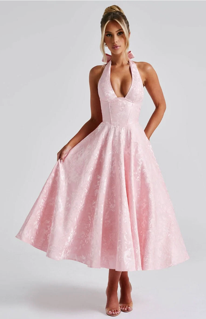 Pink halter midi dress with deep V neckline and full gathered jacquard skirt