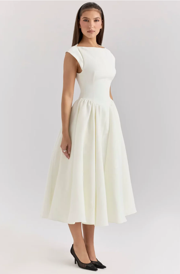 Structured cap-sleeve midi dress in white, fitted bodice with flared skirt