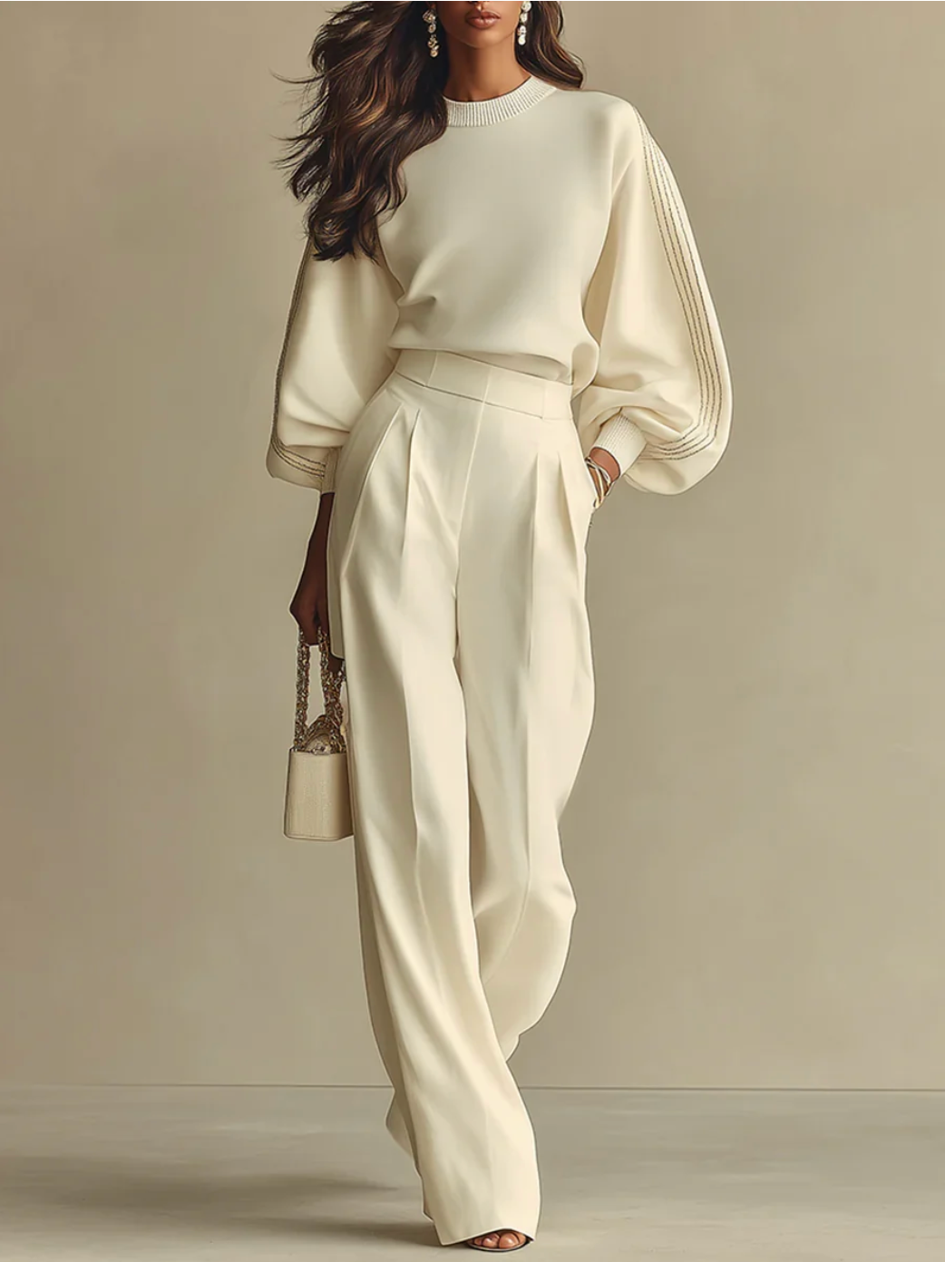 Cream textured knit crewneck top and high-rise wide-leg trouser two-piece set