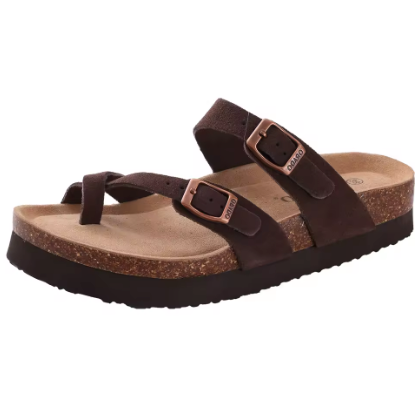 Brown slide sandal with double adjustable buckles and textured footbed