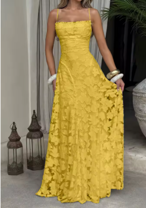Yellow full lace maxi dress with spaghetti straps and gathered textured skirt