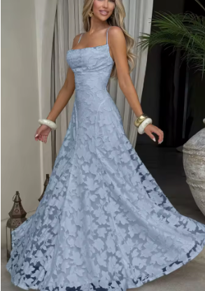 Light blue full lace maxi dress with spaghetti straps and flared lace skirt