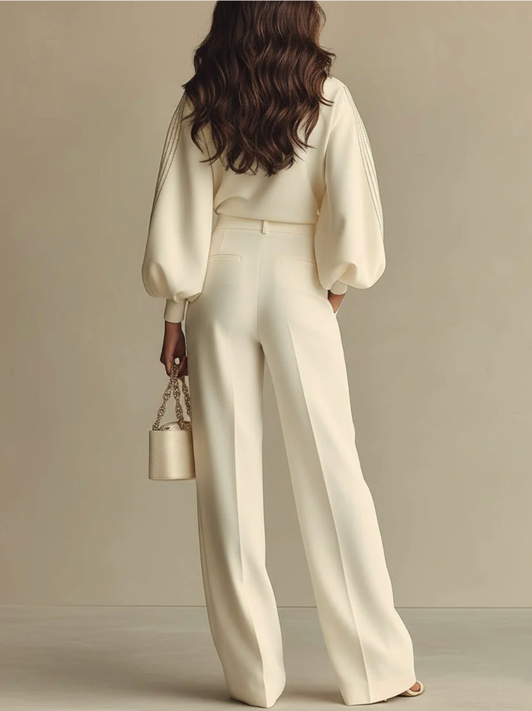 Cream textured knit crewneck top and high-rise wide-leg pants, back view set