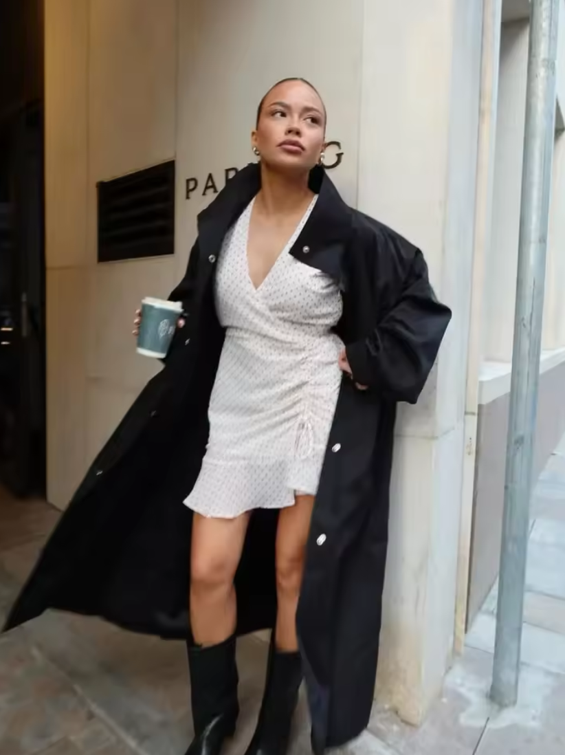 Black lace-up funnel neck trench coat with long front button placket