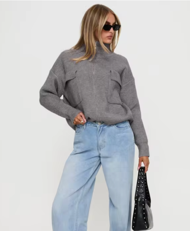 Grey funnel-neck zip-up knit sweater with front pockets and ribbed cuffs