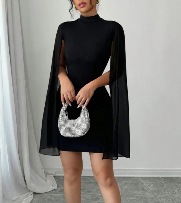 Celestine Pearl-Trim Cape-Overlay Bodycon Dress