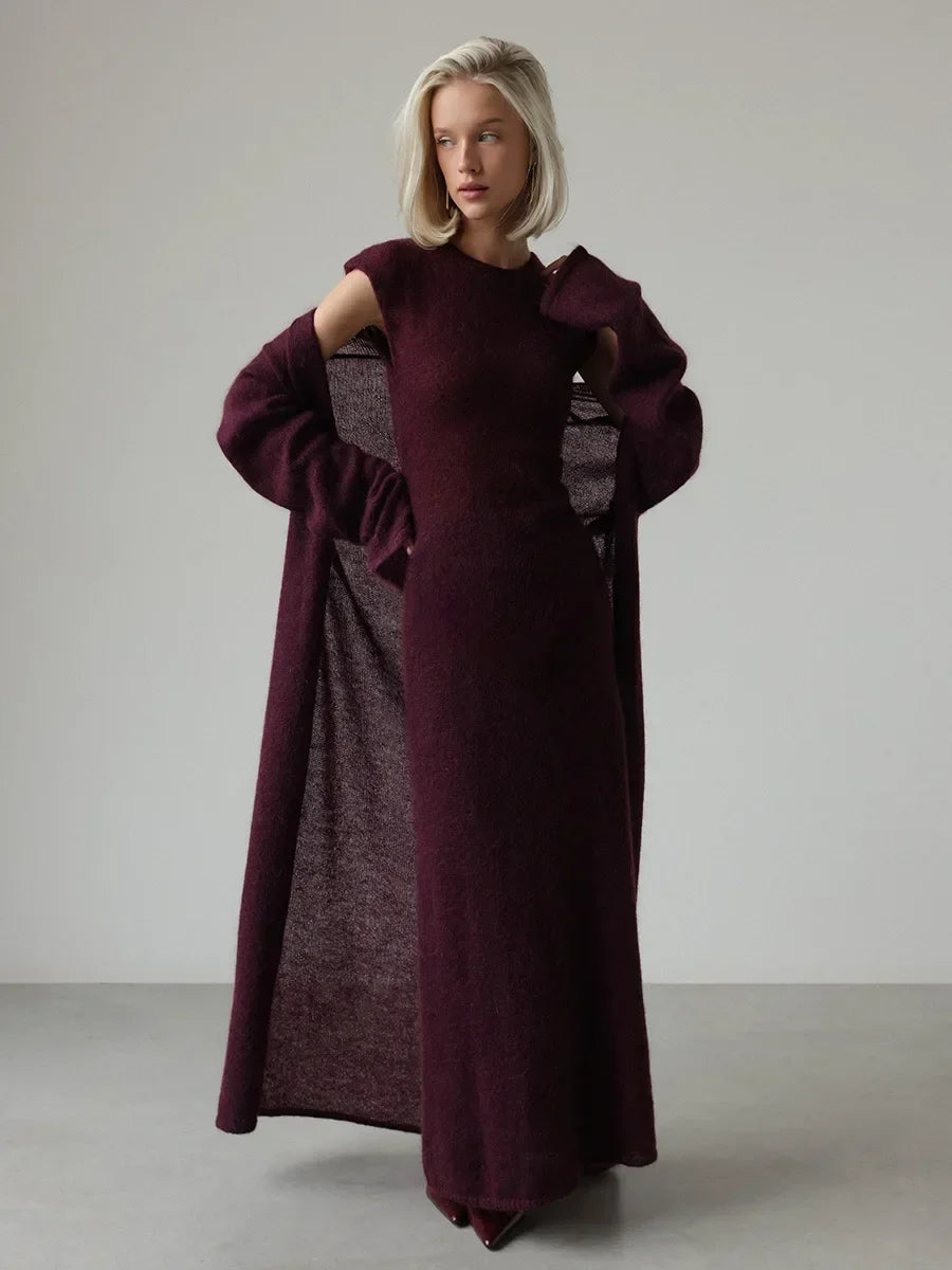 Burgundy knit maxi dress with long draped cardigan sleeves