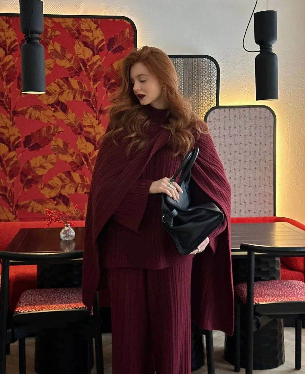 Bordeaux knitted three-piece sweater set with wrap cardigan and wide-leg pants