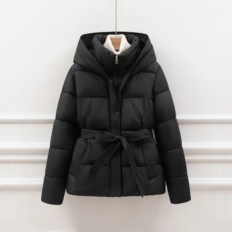 Black belted hooded cotton-padded parka with front zipper and tied waist belt