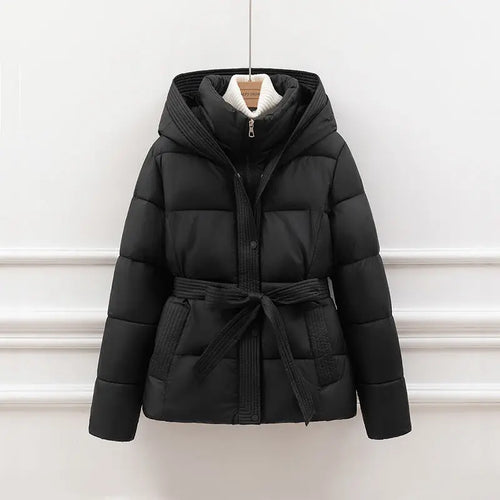Black belted hooded cotton-padded parka with front zipper and tied waist belt