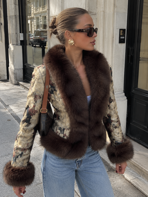 Brown faux-fur jacket with floral long sleeves and open front