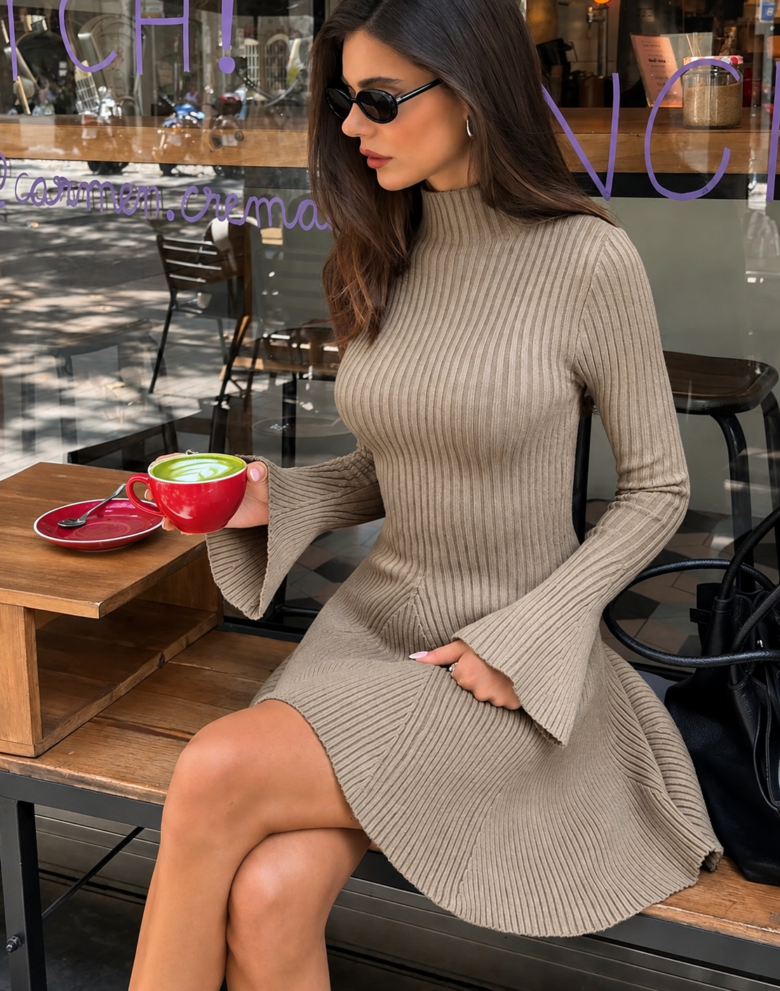 Khaki ribbed knit mini dress with mock neck, long bell sleeves, flared skirt