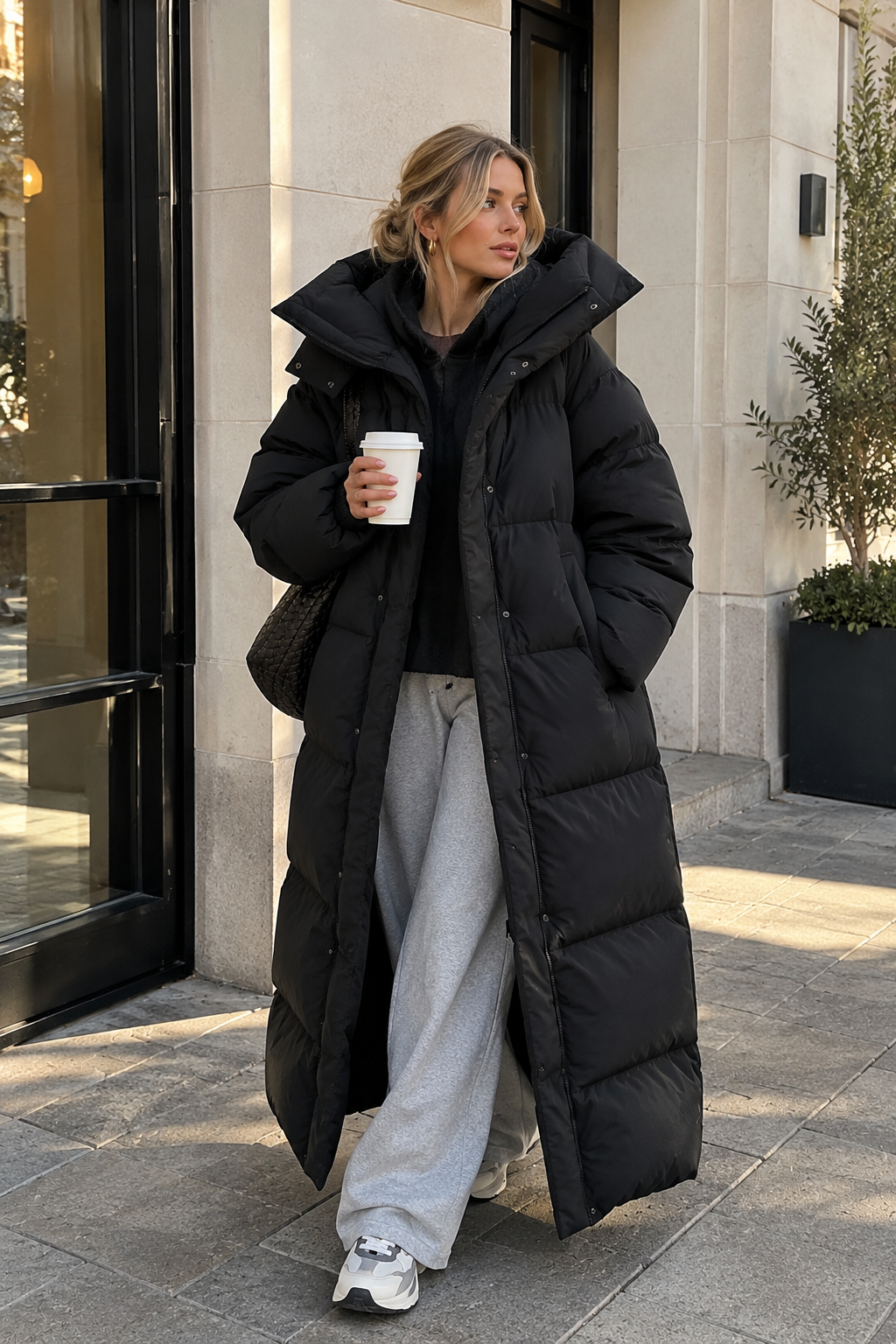 Black long hooded padded coat with button placket and wide cuffed sleeves