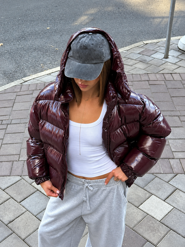 Jade Glossy Zip Pleated Hooded Short Coat