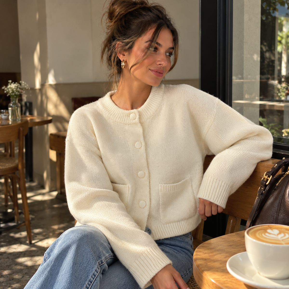 Women’s chunky knit cardigan in white with button-front and patch pockets