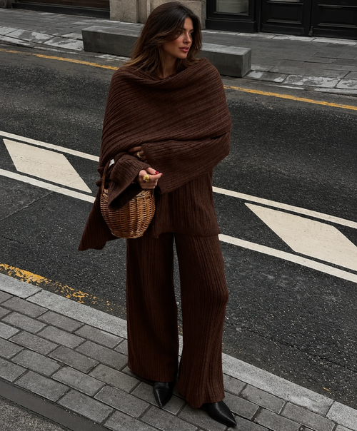 Chocolate-brown knitted three-piece sweater set with cowl wrap and ribbed wide-leg pants